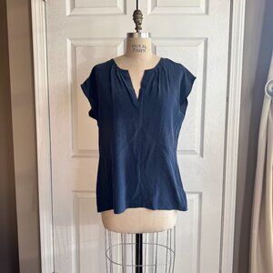 Navy Blue Sueded Silk Blouse Size Large Max Studio Shell Split Neck Pleated